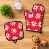 Red White Snowflake Pattern Ovenwant & Pannenlap Set (Top down)
