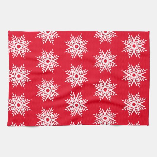 Red White Snowflake Pattern Theedoek (Horizontaal)