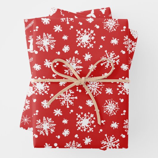 Red White Snowflakes Reindekerfeestdag Inpakpapier Vel (In situ)