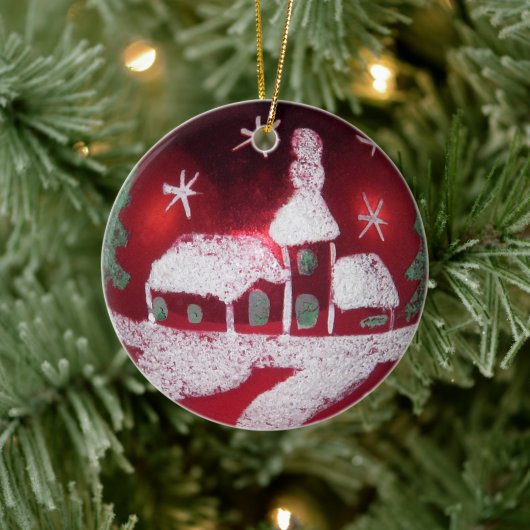  Red White Snowy-kersthuis Keramisch Ornament (Boom)