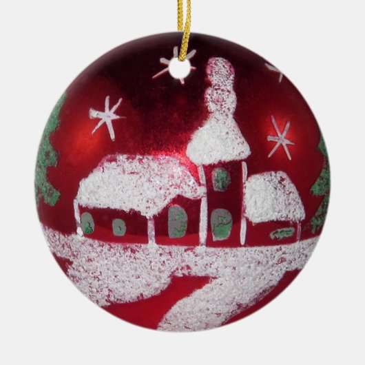 Red White Snowy-kersthuis Keramisch Ornament (Voorkant)