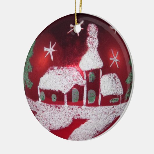 Red White Snowy-kersthuis Keramisch Ornament (Links)