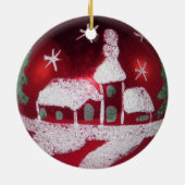  Red White Snowy-kersthuis Keramisch Ornament (Achterkant)
