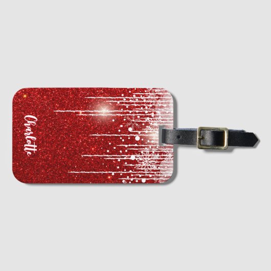 Red White Snowy Snowflake Jouw naam toevoegen Bagagelabel (Voorkant (horizontaal))
