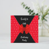 Red White Spot Invitation Cute Bow 15th Birthday Kaart (Staand voorkant)