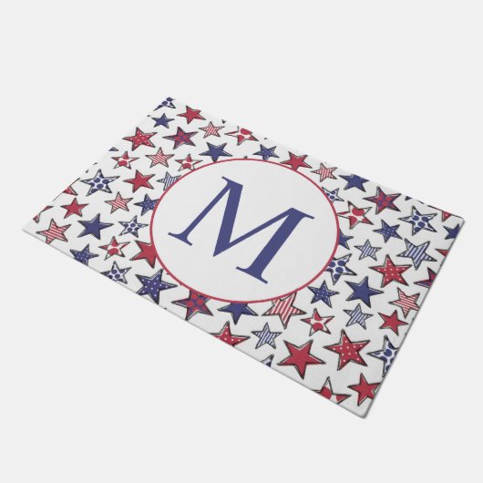 Red White Stars America Patriotic Monogram Deurmat (Schuin)
