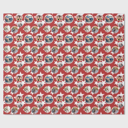 Red White Stars Stripes Round Photos Christmas Cadeaupapier (Vlak)