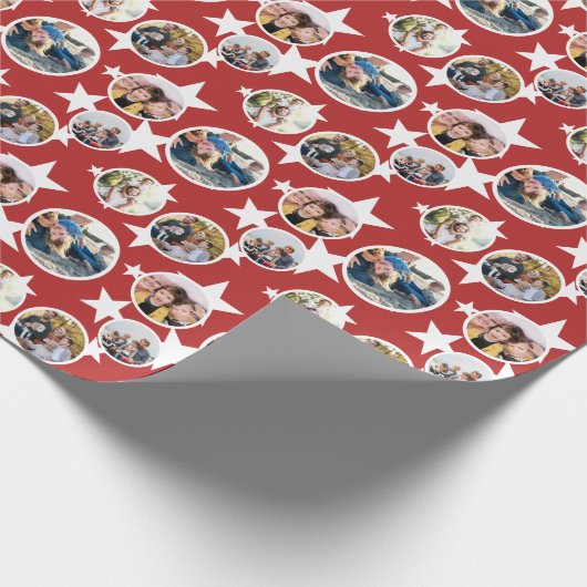 Red White Stars Stripes Round Photos Christmas Cadeaupapier (Hoek)