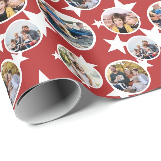 Red White Stars Stripes Round Photos Christmas Cadeaupapier (Rol Hoek)