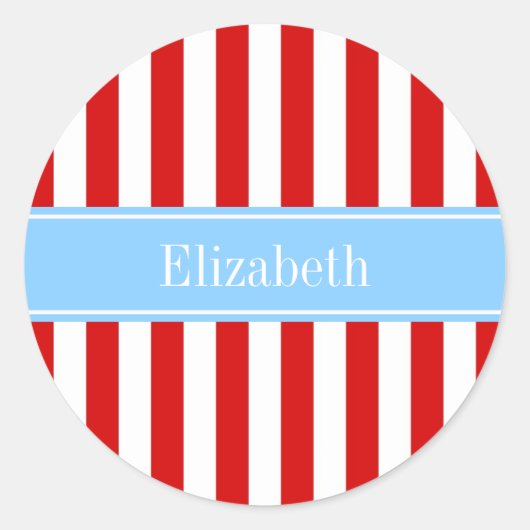 Red White Stripe Sky Blue Name Monogram Ronde Sticker (Voorkant)
