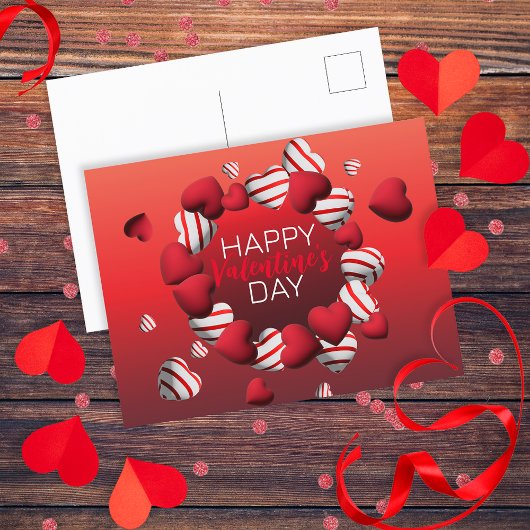 Red White Striped 3D Hearts Happy Valentine Day Briefkaart
