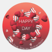 Red White Striped 3D Hearts Happy Valentine Day Ronde Sticker (Voorkant)
