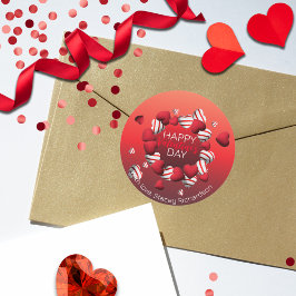 Red White Striped 3D Hearts Happy Valentine Day Ronde Sticker