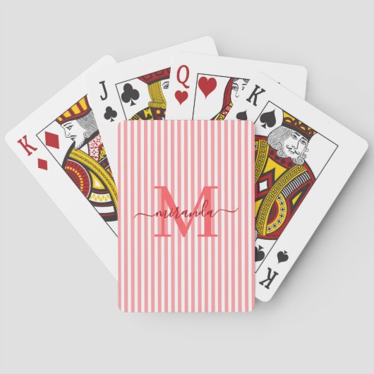 Red & White Striped Monogram Name Pokerkaarten (Achterkant)