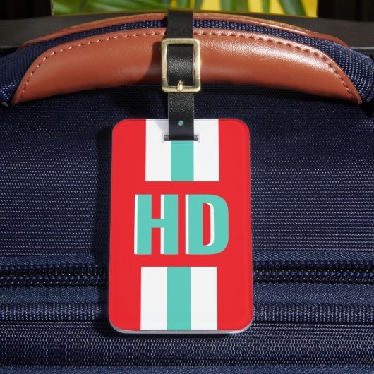Red & white striped Shadow Monogram retro travel Bagagelabel (Voorkant Insitu 2)