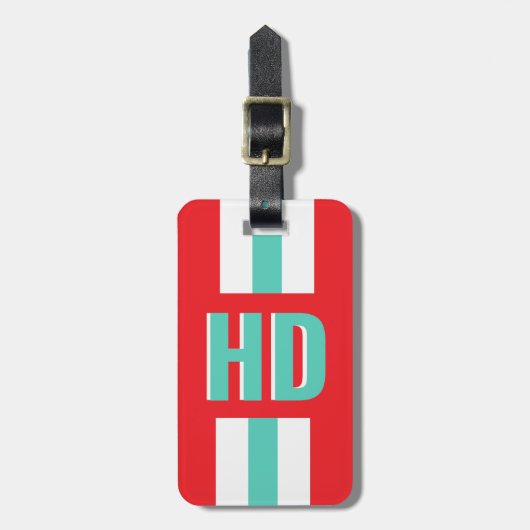 Red & white striped Shadow Monogram retro travel Bagagelabel (Voorkant verticaal)