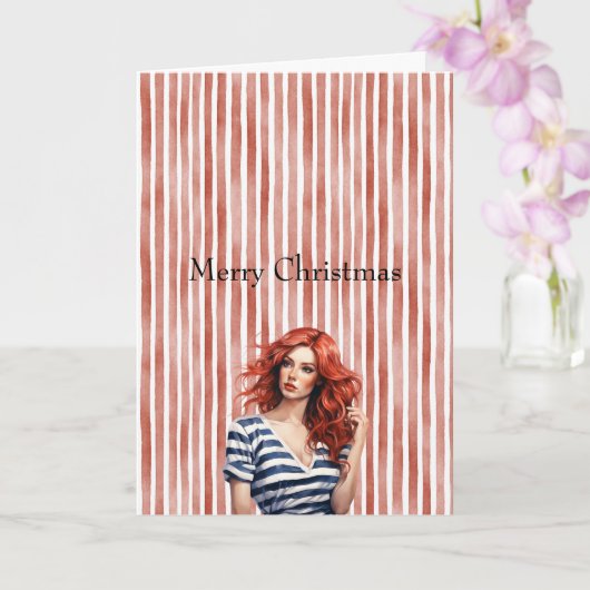 Red White Stripes Christmas Woman Red Hair Kaart (Orchidee)