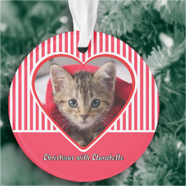 Red & White Stripes Custom Cat Photo Heart Holiday Ornament