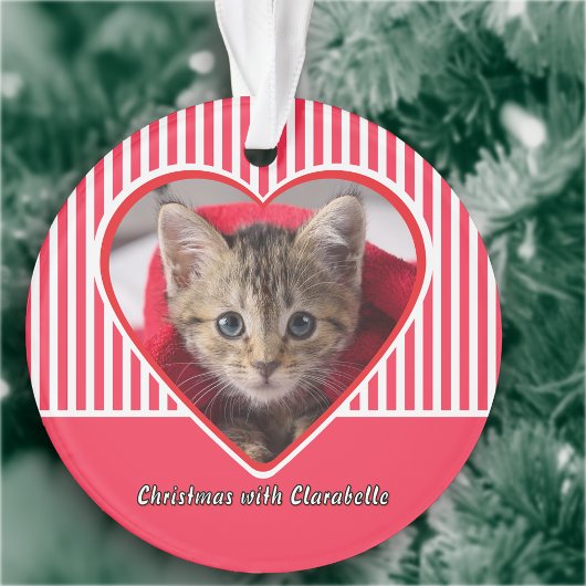 Red & White Stripes Custom Cat Photo Heart Holiday Ornament