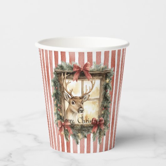 Red White Stripes Deer Window Christmas Papieren Bekers (Voorkant)