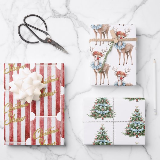 Red White Stripes Gold Glitter Christmas Deer Tree Inpakpapier Vel (Voorkant)