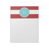 Red White Stripes Pattern, Blauwgroen Monogram Notitieblok (Linkerzijde)