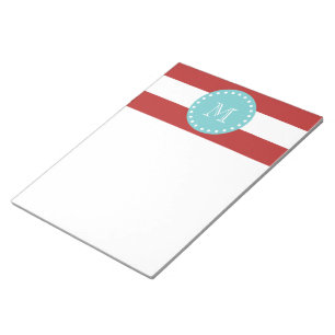 Red White Stripes Pattern, Blauwgroen Monogram Notitieblok