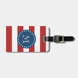 Red White Stripes Pattern, Navy Blue Monogram Bagagelabel