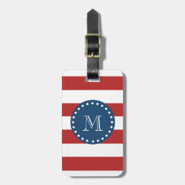 Red White Stripes Pattern, Navy Blue Monogram Bagagelabel