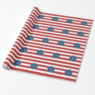 Red White Stripes Pattern, Navy Blue Monogram Cadeaupapier