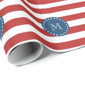 Red White Stripes Pattern, Navy Blue Monogram Cadeaupapier (Rol Hoek)