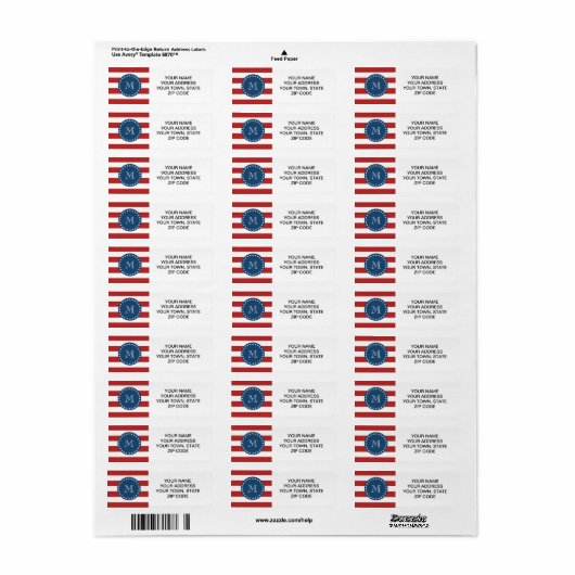 Red White Stripes Pattern, Navy Blue Monogram Etiket (Full Sheet)