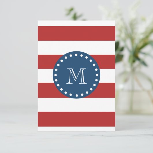 Red White Stripes Pattern, Navy Blue Monogram Kaart (Staand voorkant)