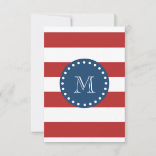 Red White Stripes Pattern, Navy Blue Monogram Kaart