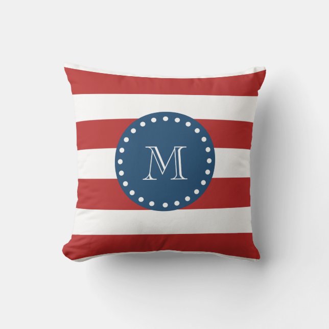 Red White Stripes Pattern, Navy Blue Monogram Kussen (Voorkant)