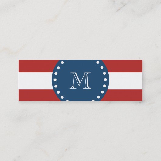 Red White Stripes Pattern, Navy Blue Monogram Mini Visitekaartje (Voorkant)