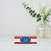 Red White Stripes Pattern, Navy Blue Monogram Mini Visitekaartje (Staand voorkant)