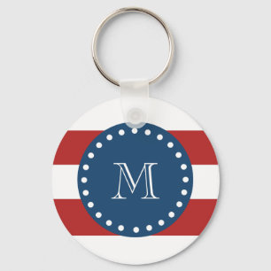 Red White Stripes Pattern, Navy Blue Monogram Sleutelhanger