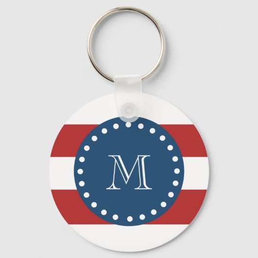 Red White Stripes Pattern, Navy Blue Monogram Sleutelhanger (Voorkant)