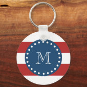 Red White Stripes Pattern, Navy Blue Monogram Sleutelhanger (Voorkant)