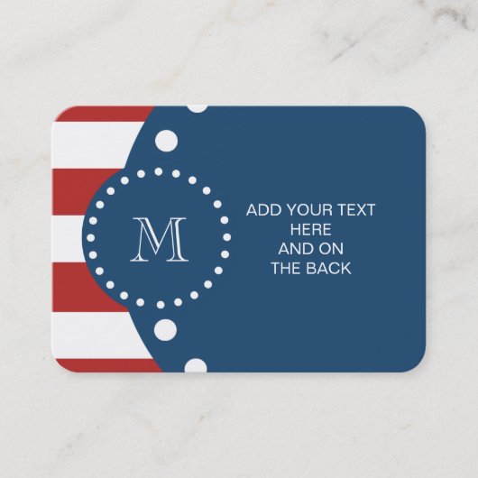 Red White Stripes Pattern, Navy Blue Monogram Visitekaartje (Voorkant)