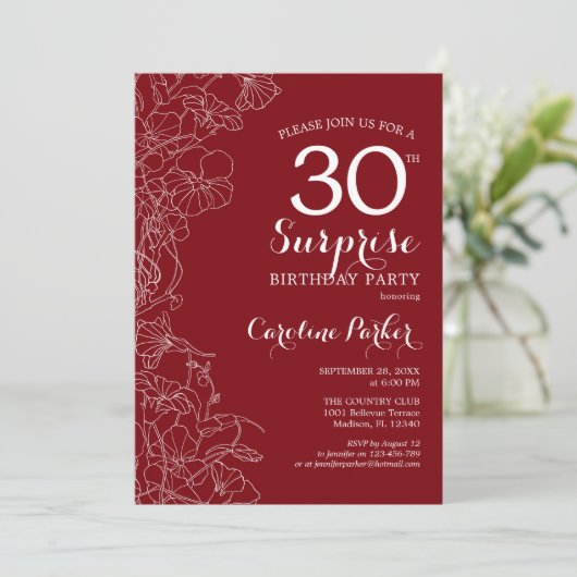 Red White Surprise 30th Birthday Party Kaart (Staand voorkant)