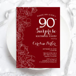 Red White Surprise 90th Birthday Party Kaart<br><div class="desc">Red White Floral verrassingsdag 90th Birthday Party Invitation. Minimalistisch modern design met botanische accenten en lettertype typografie. Eenvoudige bloemige uitnodigingskaart perfect voor een stijlvol vrouw verrassingsfeest. Kan op elke leeftijd worden aangepast. Uitnodigingen op Zazzle afdrukken of sjabloon voor digitaal afdrukken direct downloaden.</div>