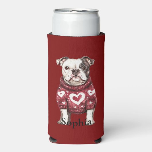 Red White Sweater with hearts Bulldog Seltzer Blikjeskoeler (Seltzer Voorkant)