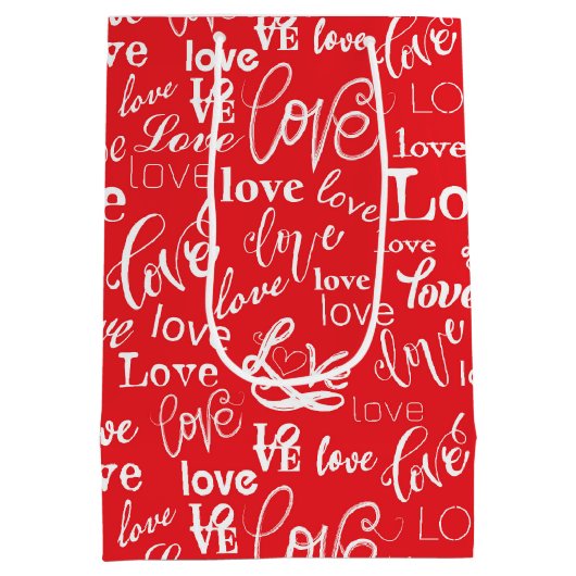 Red & White Typography "Love" Pattern Valentine's  Medium Cadeauzakje (Achterkant)