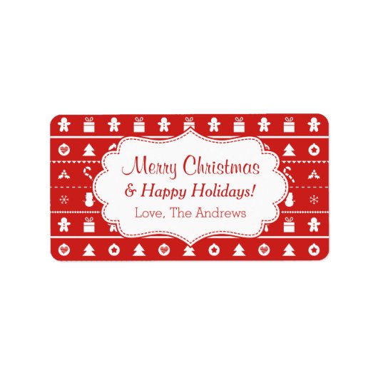 Red White Ugly kerstSweater Icons Pattern Etiket (Voorkant)