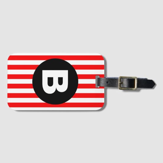 Red White Vertical Stripes Black Monogram Bagagelabel (Voorkant (horizontaal))