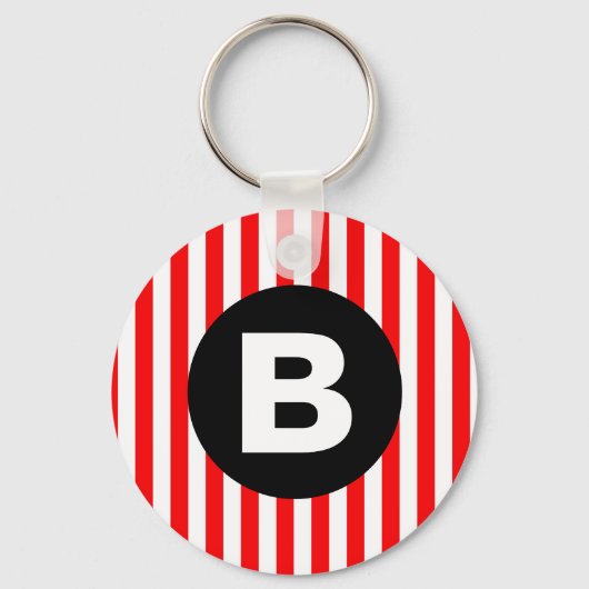 Red White Vertical Stripes Black Monogram Sleutelhanger (Voorkant)