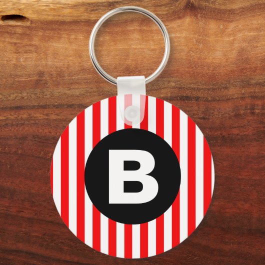 Red White Vertical Stripes Black Monogram Sleutelhanger (Achterkant)