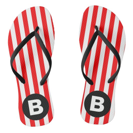 Red White Vertical Stripes Black Monogram Teenslippers (Voetbed)